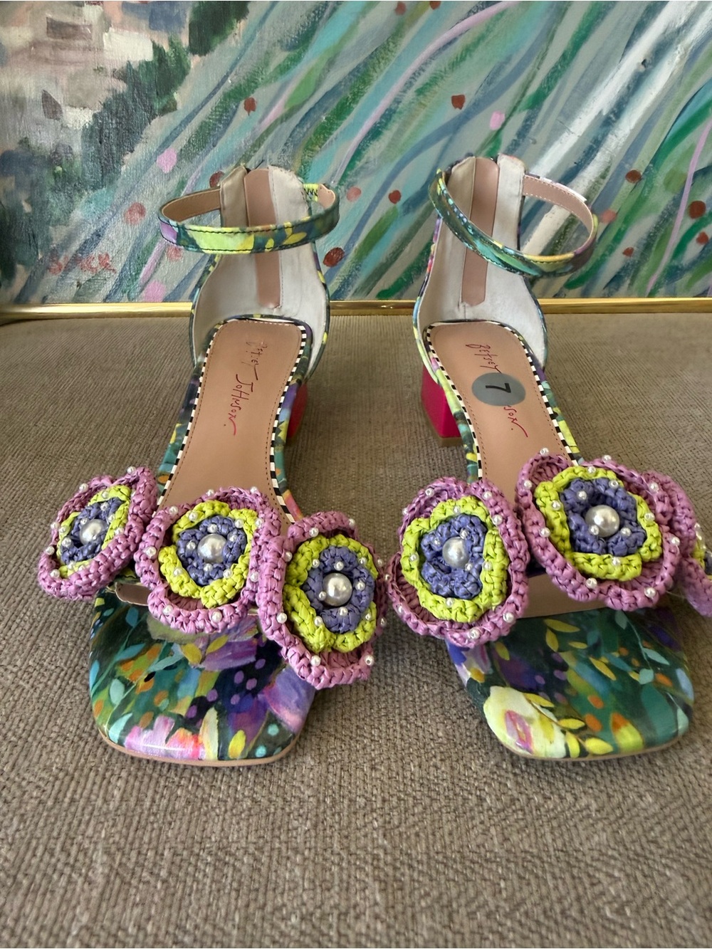 Betsey Johnson Multicolor Floral Crochet-Pearl Ankle-Strap Heels - Picture 2 of 7